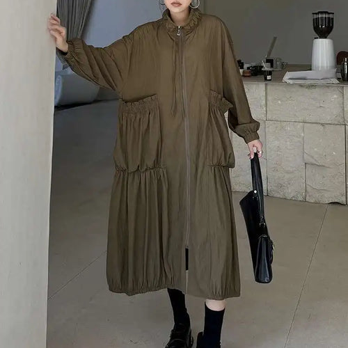 Load image into Gallery viewer, Women Khaki Pleated Big Size Casual Midi Dress New Stand Collar Long Sleeve Fashion Tide Spring Autumn 2025 1DH6824
