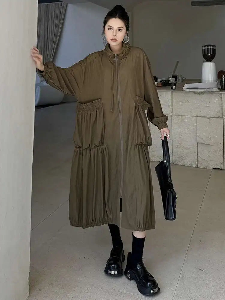 Women Khaki Pleated Big Size Casual Midi Dress New Stand Collar Long Sleeve Fashion Tide Spring Autumn 2025 1DH6824