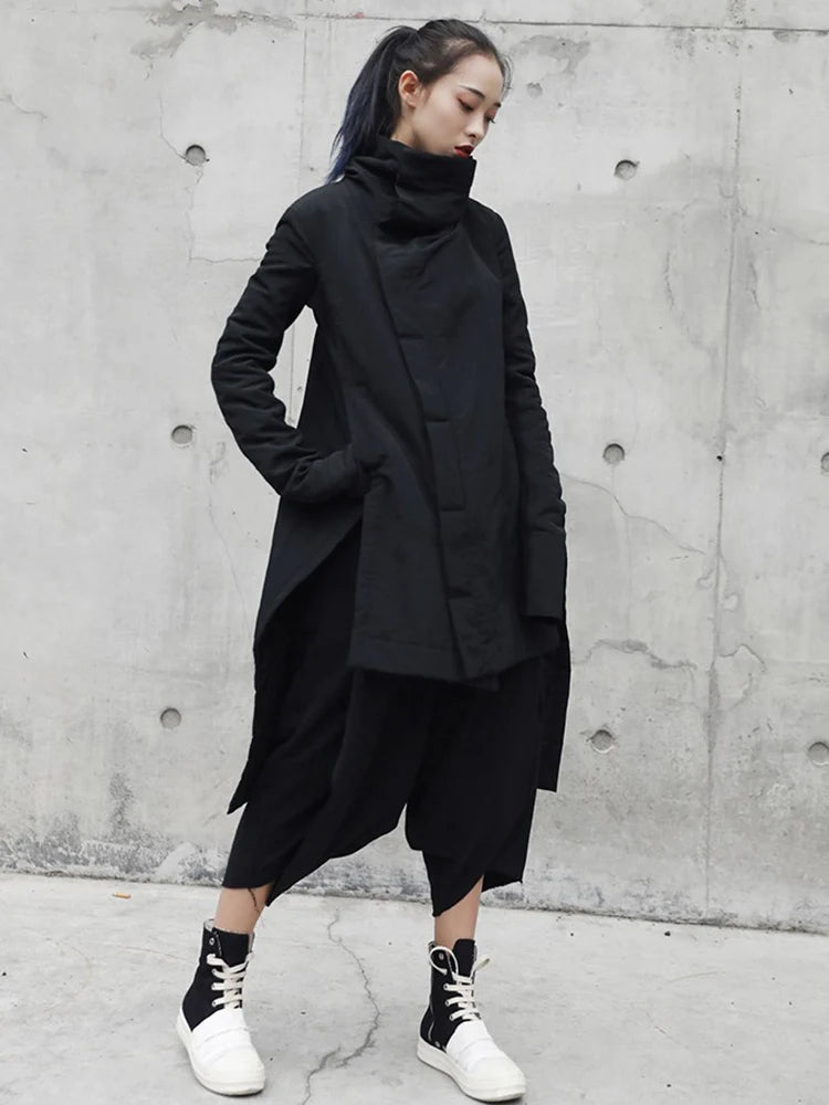 Woman Irregular Long Type Cotton-padded Clothes Loose Coat New Fashion Winter Stand Collar Solid Black Jacket 2025  YA771