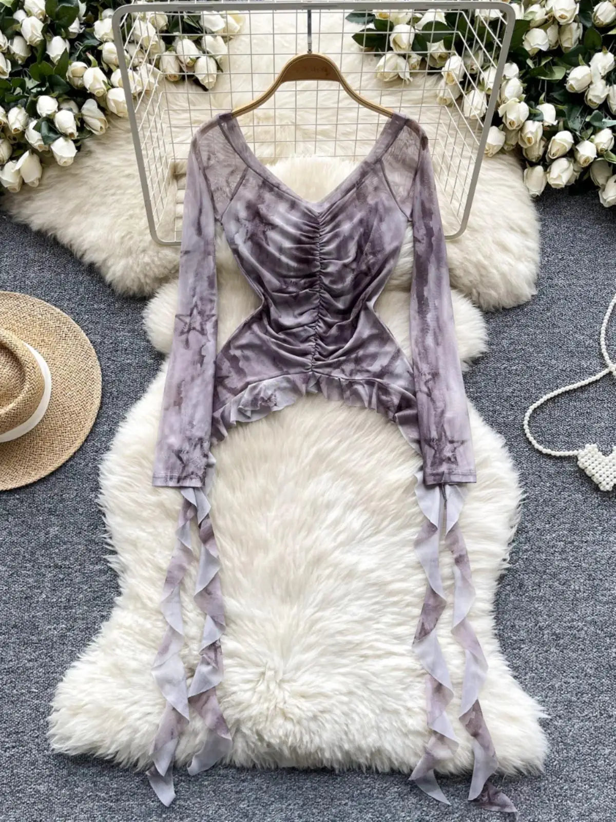 Vintage 2024 Autumn New Fashion Print Ruffle Edge Mesh Tops Korean Women's V Neck Slim Long Sleeved Asymmetrical Pleated T-shirt