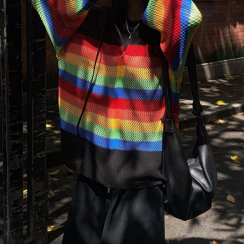 Load image into Gallery viewer, Vintage Striped Cardigan Hollow Out Y2k Aesthetic Hooded Drawstring Sweater Coat Harajuku Zipper Kardigany Jumper Pull Femme
