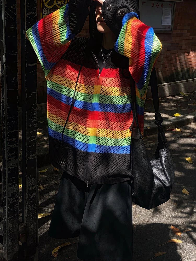 Vintage Striped Cardigan Hollow Out Y2k Aesthetic Hooded Drawstring Sweater Coat Harajuku Zipper Kardigany Jumper Pull Femme