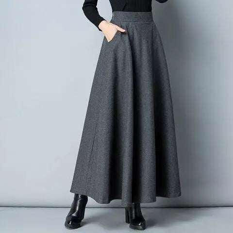 Load image into Gallery viewer, Autumn Winter Black Gray Large Size Woolen Long Skirt Women Fashion Korean Ladies Red High Waist Festival Pleated A-line Skirts
