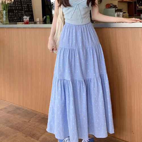 Load image into Gallery viewer, Korean 2024 Spring Summer Women Blue Embroidery Pleated Long Skirts Yellow Elastic High Waist Vacation Party Half Skirt Bohemian
