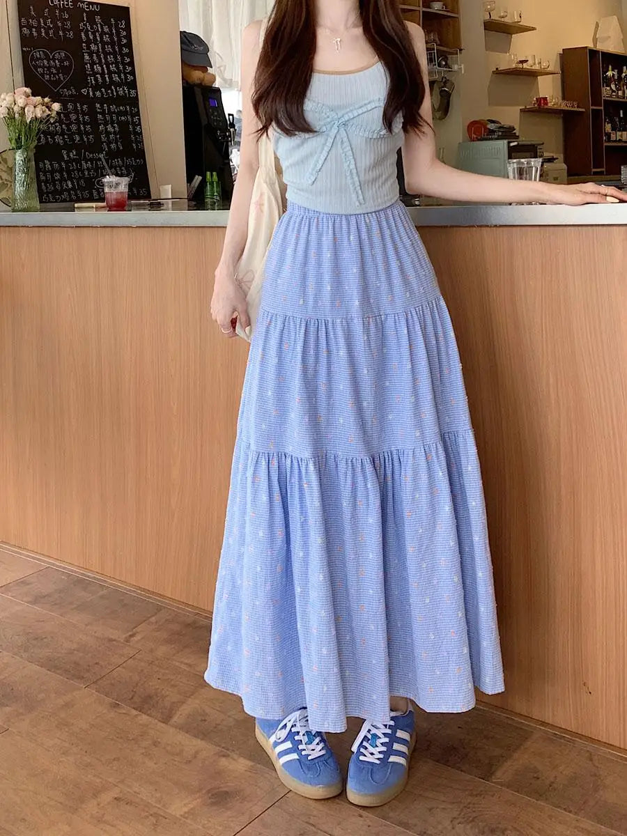Korean 2024 Spring Summer Women Blue Embroidery Pleated Long Skirts Yellow Elastic High Waist Vacation Party Half Skirt Bohemian