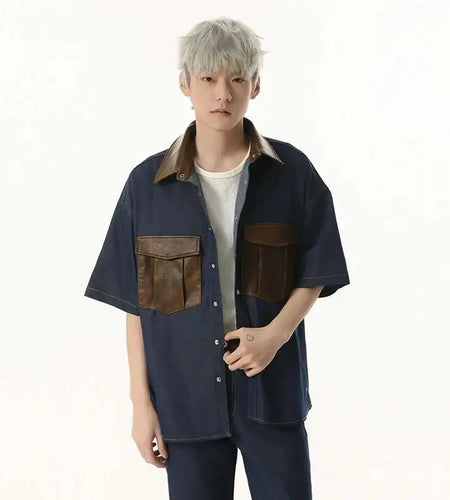 Niche Design Men's Sets PU Leather Patchwork Single Breasted Lapel Shirts Contrast Color Loose Male Pants Fashion 9W1102