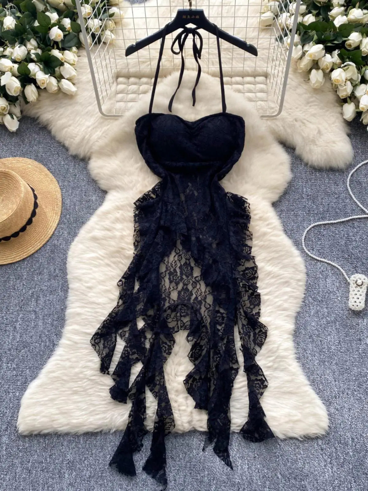 Retro Black White Elegant Ruffles Halter Lace-up Irregular Lace Long Dress Women Summer New Beige Sleeveless Evening Party Dress