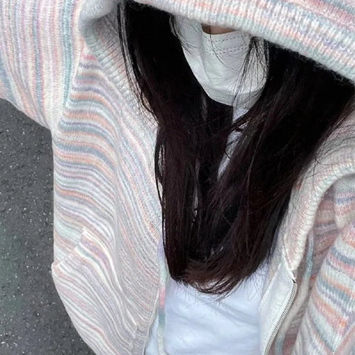 Load image into Gallery viewer, Japanese Y2k Rainbow Striped Kawaii Cardigans Women Autumn All Match Hooded Sweaters Loose Zipper Grunge Knitted Coat Pull Femme

