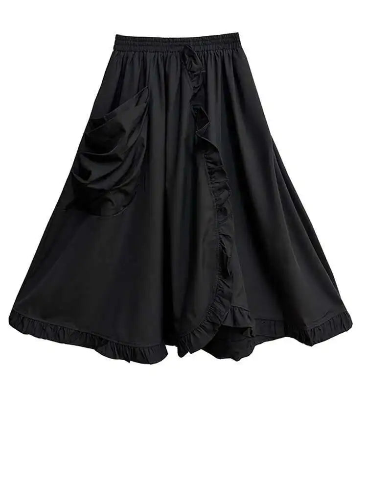 High Elastic Waist Black Ruffles Irregular Pocket A-line Half-body Skirt Women Fashion Tide New Spring Autumn 2025 1DH8737