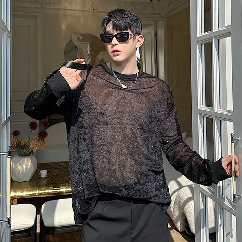 Load image into Gallery viewer, Men&#39;s T-shirts Spring Korean Semi Transparent Shiny Design Long Sleeve Round Collar Solid Color Male Clothing 9W1604
