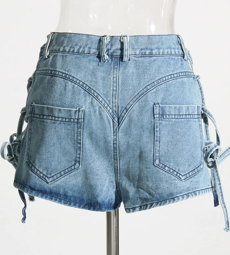Denim Patchwork Lace Up Shorts For Women High Waist Button Minimalist Short Pants Female Summer Fashion Clothing