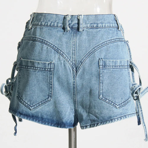 Load image into Gallery viewer, Denim Patchwork Lace Up Shorts For Women High Waist Button Minimalist Short Pants Female Summer Fashion Clothing
