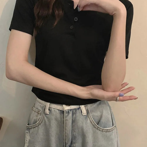 Load image into Gallery viewer, women t-shirt open button short Sleeve Crop Top Ladies Clothing 2024 Solid Basic T Shirt Casual Skinny White Slim Female Tops
