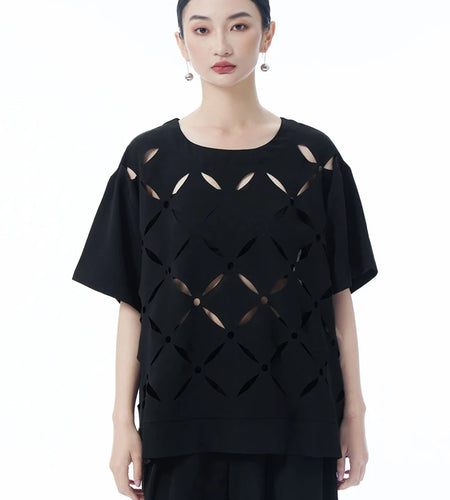 Women Gray Black Hollow Out Big Size Casual T-shirt New Round Neck Short Sleeve Fashion Tide Spring Summer 2025 1DJ1243