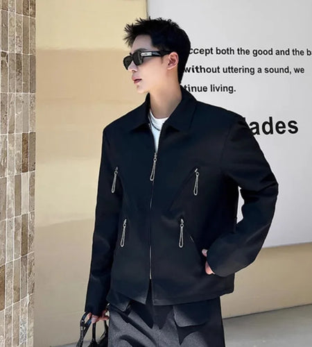 Men's Jacket New Korean Spring Multi Zippers Design Niche Solid Color Handsome Lapel Fashion Male Clothing Jackets 9W1583