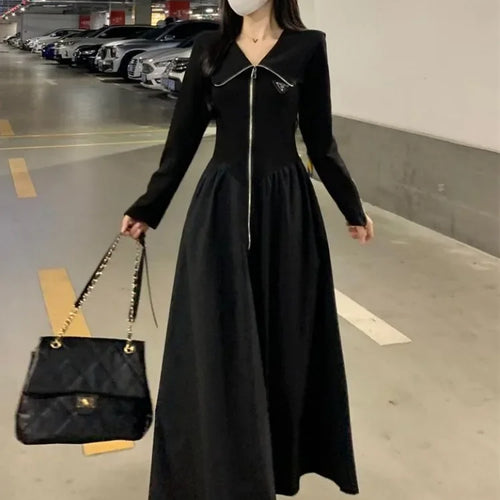 Load image into Gallery viewer, Korean Zip Black Long Sleeve Dress Women Kpop Autumn Spring Fashion Sailor Collar Zipper Dresses Female
