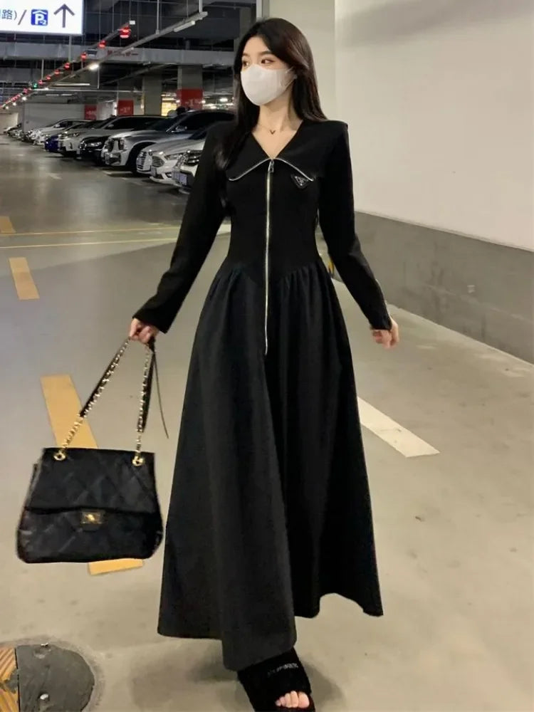 Korean Zip Black Long Sleeve Dress Women Kpop Autumn Spring Fashion Sailor Collar Zipper Dresses Female