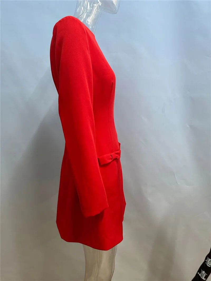 Double Bow Long Sleeve Sexy Mini Dress For Women Autumn Winter New Solid High Waist Bodycon Club Party Dress Elegant