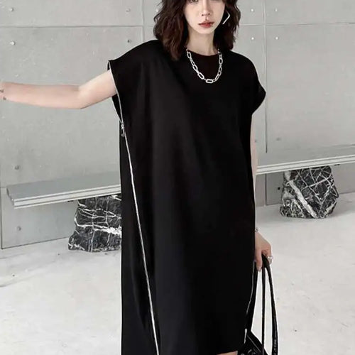 Load image into Gallery viewer, Women Black Zipper Big Size Casual Dress New Round Neck Short Sleeve Loose Fit Fashion Tide Spring Summer 2025 1DF7865

