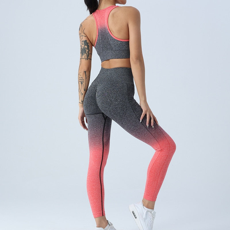 Gradient Color Yoga Sets High Waist Gym Fitness Bras Scrunch Butt Leggings Female Wear Running Clothing Tracksuit Sportswear