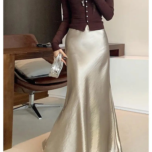 Load image into Gallery viewer, Korean Fashion Solid Elegant High Waist Wrap Hip Long Skirt 2025 Spring Summer Women Slim Vacation Pleated A-line Fishtail Skirt
