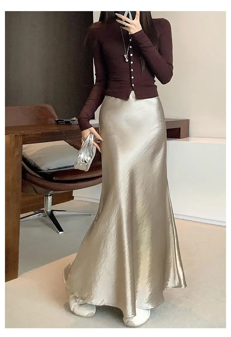 Korean Fashion Solid Elegant High Waist Wrap Hip Long Skirt 2025 Spring Summer Women Slim Vacation Pleated A-line Fishtail Skirt