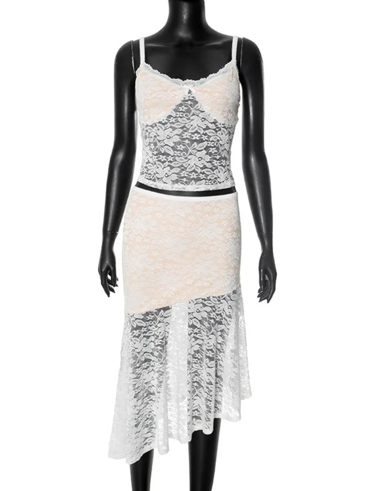 Lace Sexy Two Piece Sets Women Lace Halter Cropped Tops And Skirt Ladies Print Contrast Color Club Party 2 Piece Sets