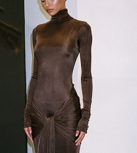 High Neck Long Sleeve Bodycon Dress For Women Tight Elastic Lace Up Maxi Long Dress Autumn 2023 New Party Club Vestidos