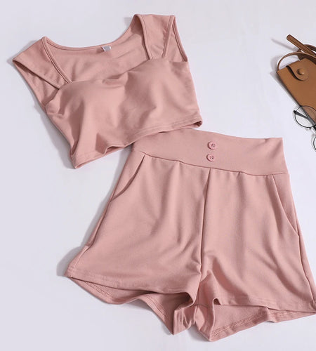 Summer Women's 2 Piece Set Solid Sexy Slim Sleeveless Square Neck Tops And High Waist Wide Leg Button Shorts Casual Fashion Suit