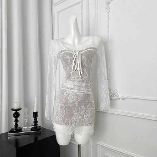 Load image into Gallery viewer, French Vintage Women's White Lace Long Sleeved Elegant Pleated Short Dress Autumn Winter Square Neck Bow Wrap Hip Mini Dress New
