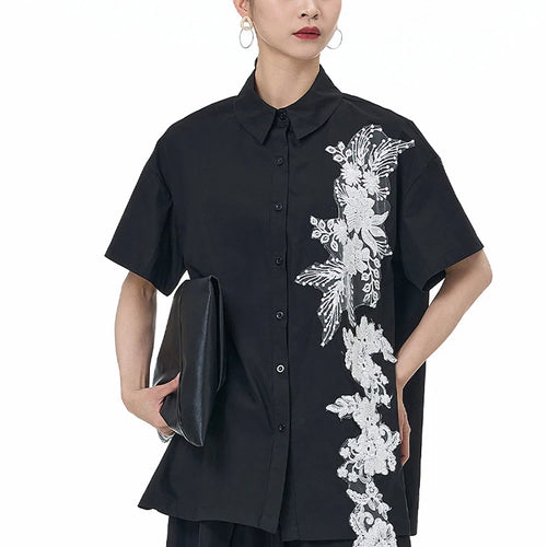 Load image into Gallery viewer, Women Black Appliques Irregular Big Size Casual Blouse New Lapel Short Sleeve Shirt Fashion Spring Summer 2025 1DJ1501
