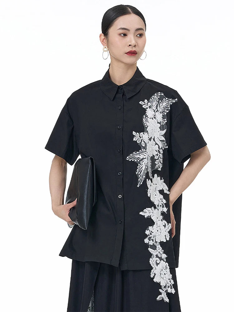 Women Black Appliques Irregular Big Size Casual Blouse New Lapel Short Sleeve Shirt Fashion Spring Summer 2025 1DJ1501