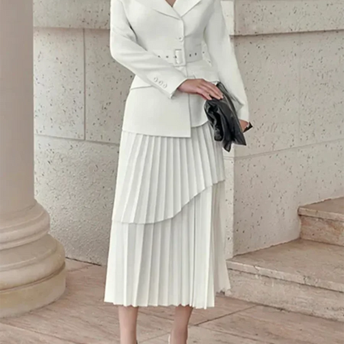 Load image into Gallery viewer, Solid Two Piece Set For Women Slash Neck Long Sleeve Tunic Coat High Waist Temperament Skirt Sets Female Fashion
