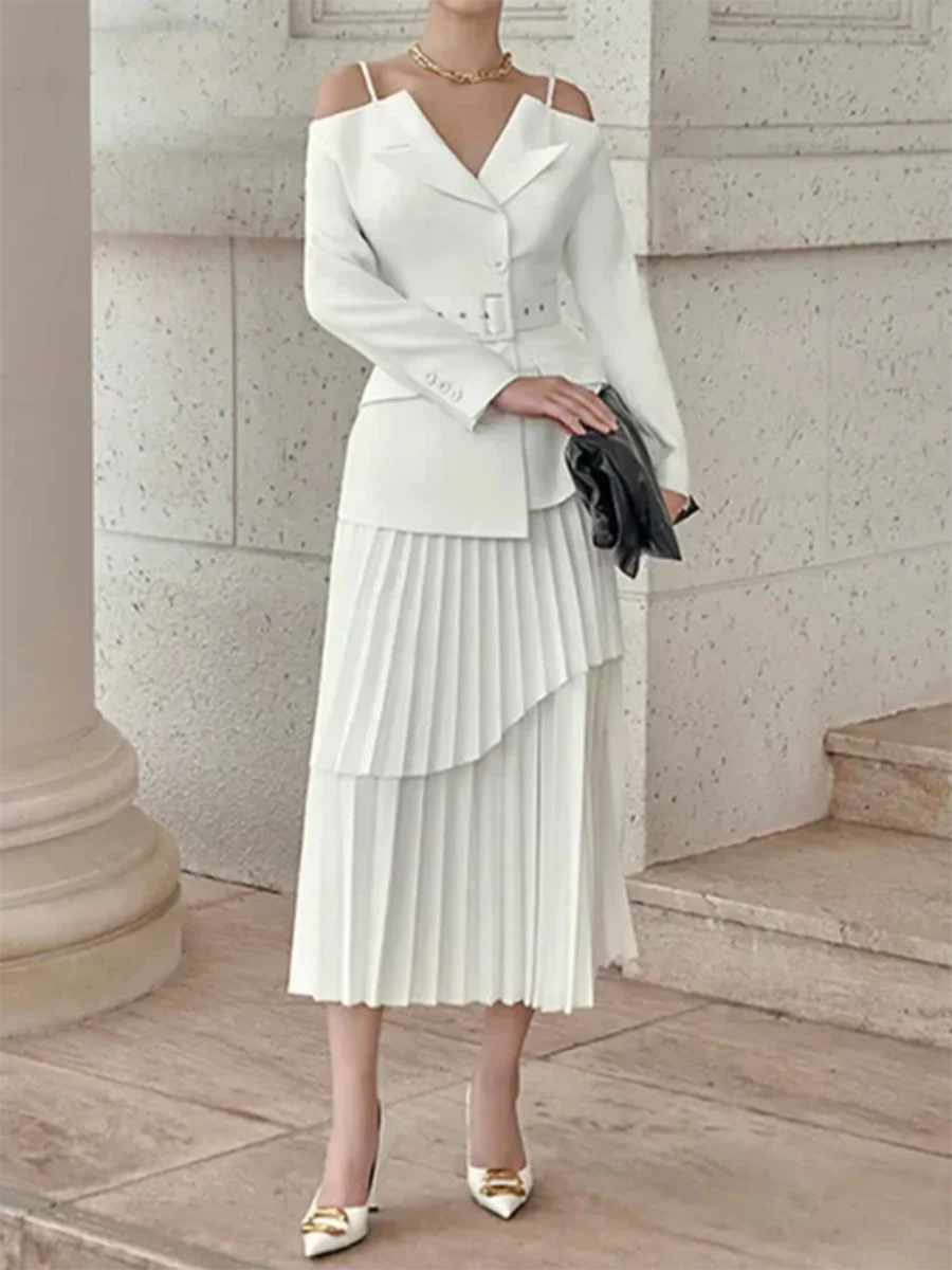 Solid Two Piece Set For Women Slash Neck Long Sleeve Tunic Coat High Waist Temperament Skirt Sets Female Fashion