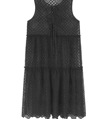 Women Black Mesh Bandage Perspective Elegant Vest Dress New Round Neck Sleeveless Fashion Spring Summer  2025  1DJ0918