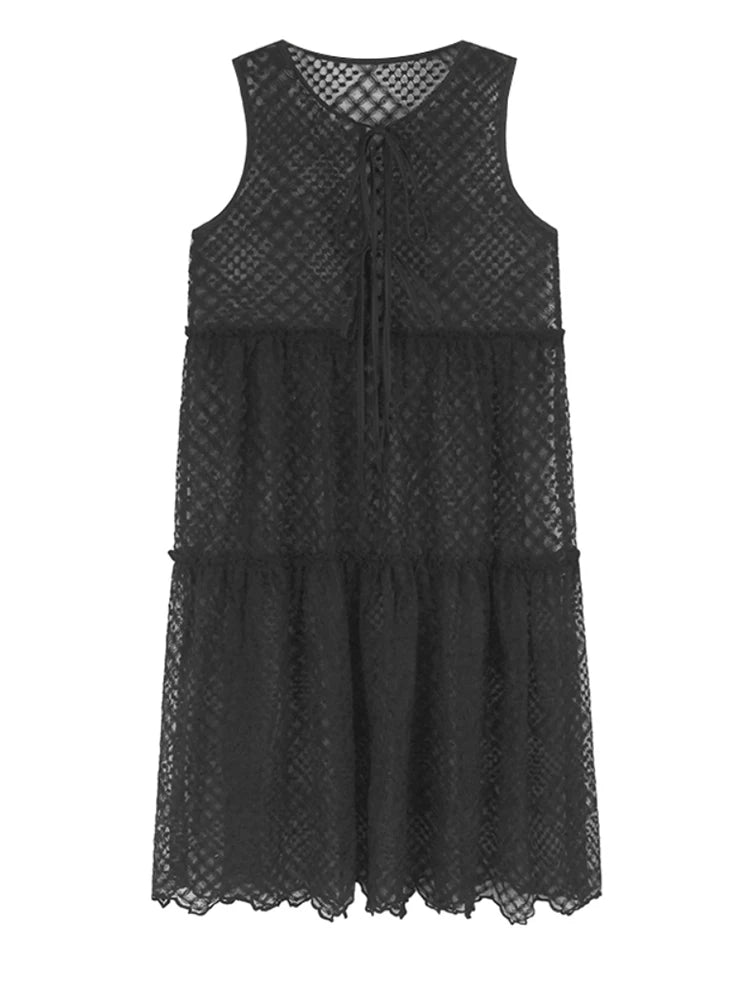 Women Black Mesh Bandage Perspective Elegant Vest Dress New Round Neck Sleeveless Fashion Spring Summer  2025  1DJ0918