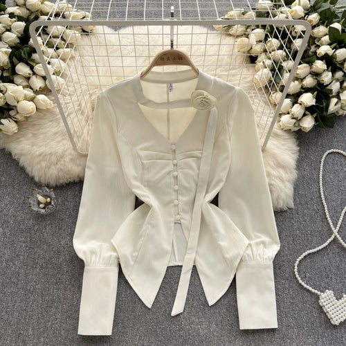 Load image into Gallery viewer, French Vintage Beige Lantern Long Sleeve Shirts For Women Autumn V Collar Pleated Tops Irregular Slim Blouses Fashion Beautiful
