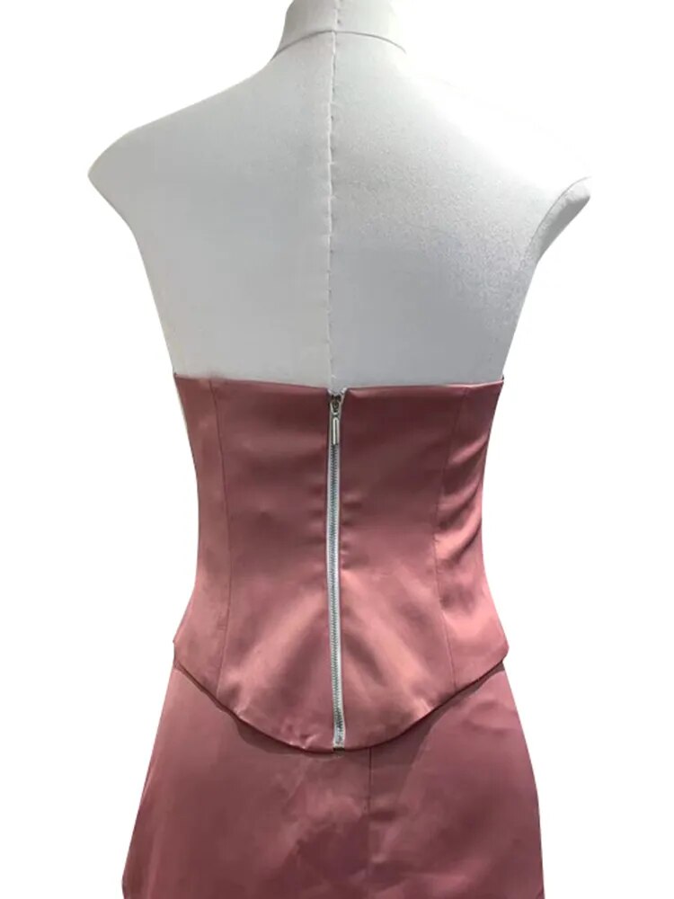 Satin Pink Slim Tank Tops For Women Slash Neck Sleeveless Backless Patchwork Diamonds Sweet Vests Female Style