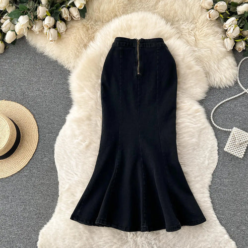 Load image into Gallery viewer, 2023 New Women Black Denim Split Long Skirts Autumn High Wasit Blue Mermaid Jeans Skirt Female A-line Ruffled Fishtail Skirt Y2k
