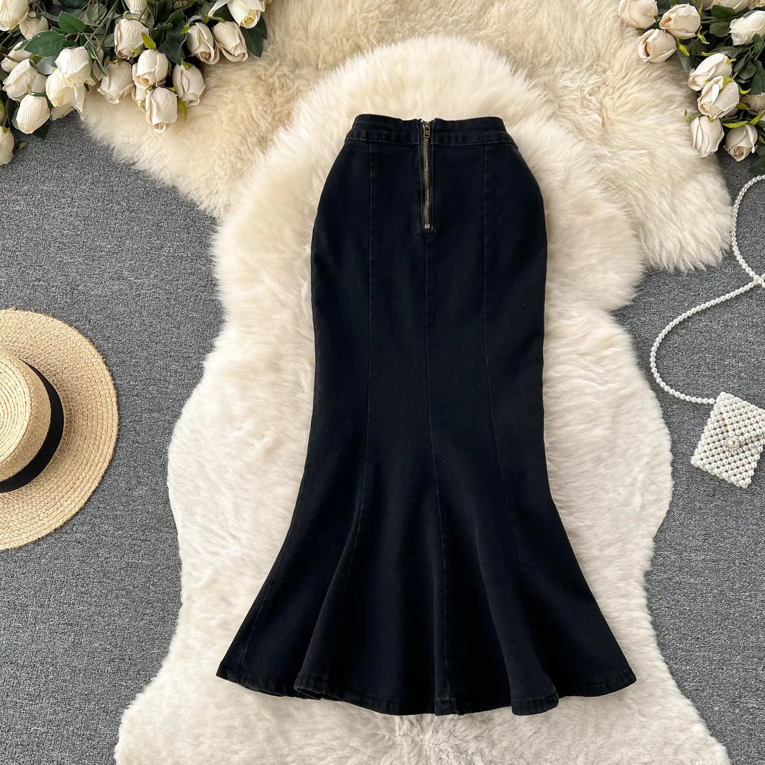 2023 New Women Black Denim Split Long Skirts Autumn High Wasit Blue Mermaid Jeans Skirt Female A-line Ruffled Fishtail Skirt Y2k