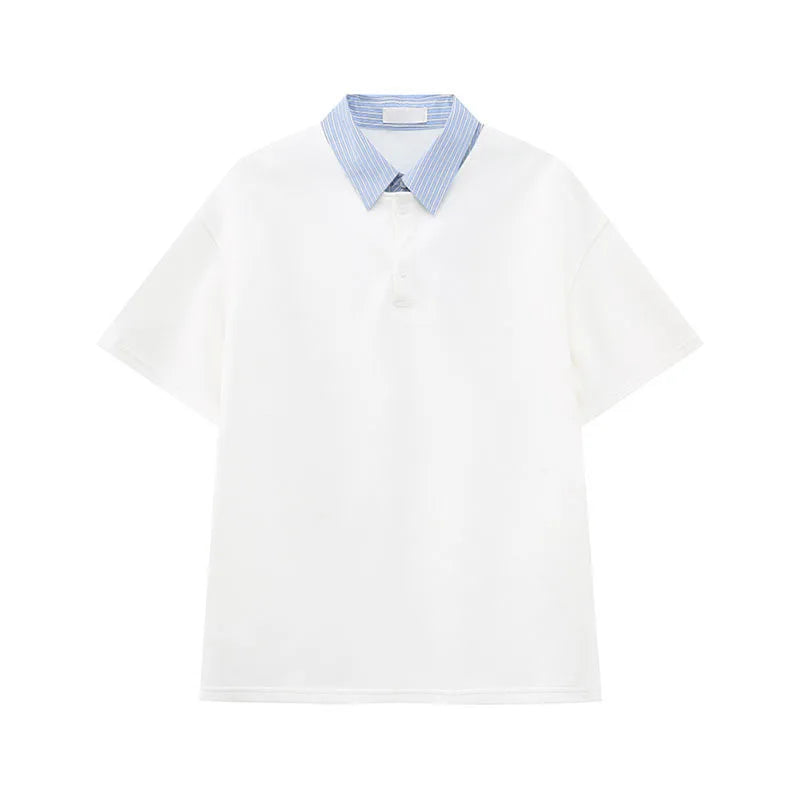 Men's Short Sleeve T-shirts Korean Simple Splicing Lapel Fake Two-piece Fashion Loose Male Clothing Pullover Top 9W1584