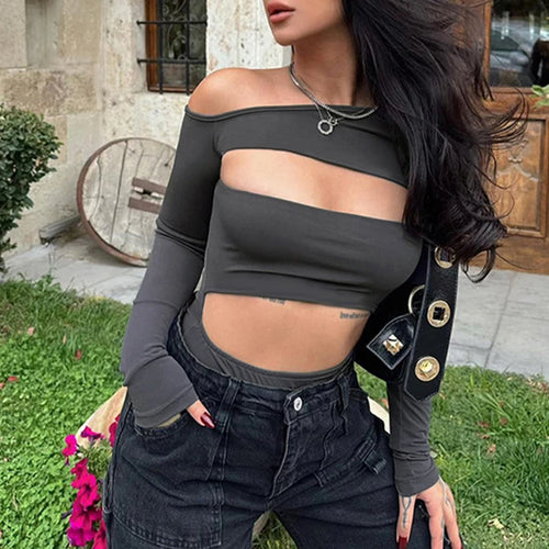 Load image into Gallery viewer, Asymmetrical Skinny Sexy Bodysuit Women Black Fashion Club Party Body Diagonal Collar Cut Out Catsuit Solid Jumpsuit
