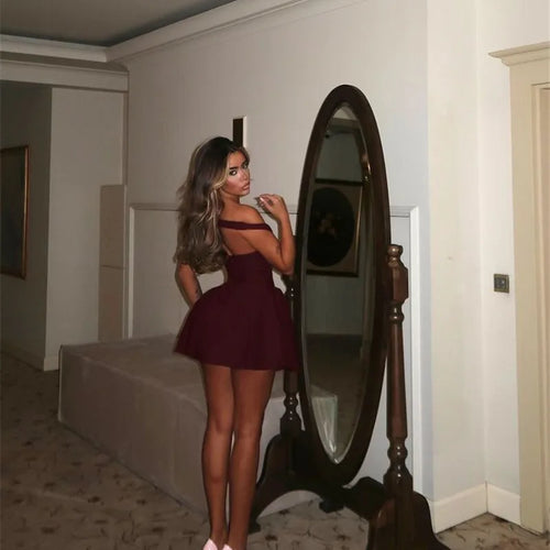 Load image into Gallery viewer, Off-shoulder Backless Sexy Mini Dress For Women Wine Red Sleeveless Strapless High Waist A-line Club Party Sexy Dress
