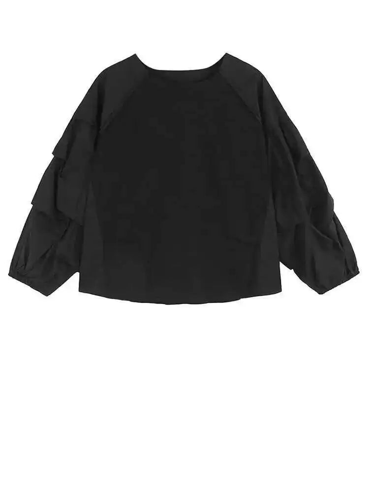 Women Green  Color-block Big Size T-shirt New Round Neck Long Lantern Sleeve Fashion Tide Spring Autumn 2025 1DH6792