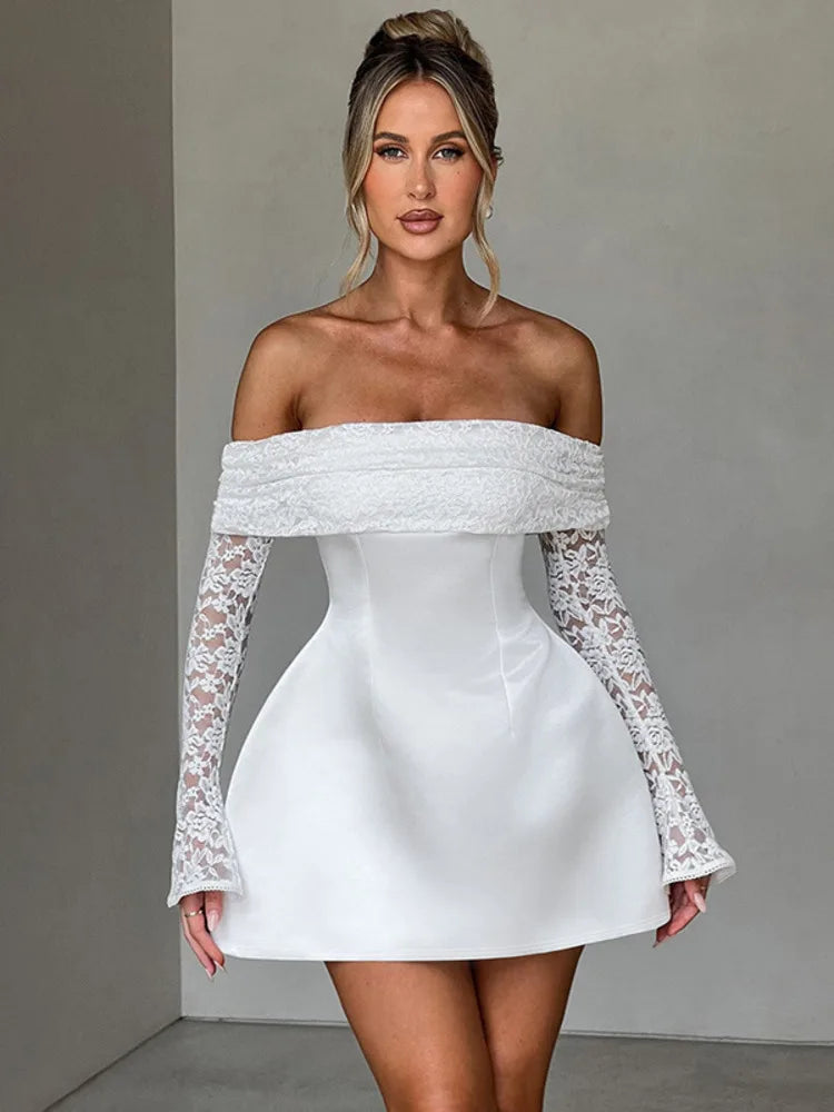 Off-shoulder Long Sleeve Sexy Mini Dress For Women Robe Strapless Backless High Waist A-line Elegant Club Party Dress