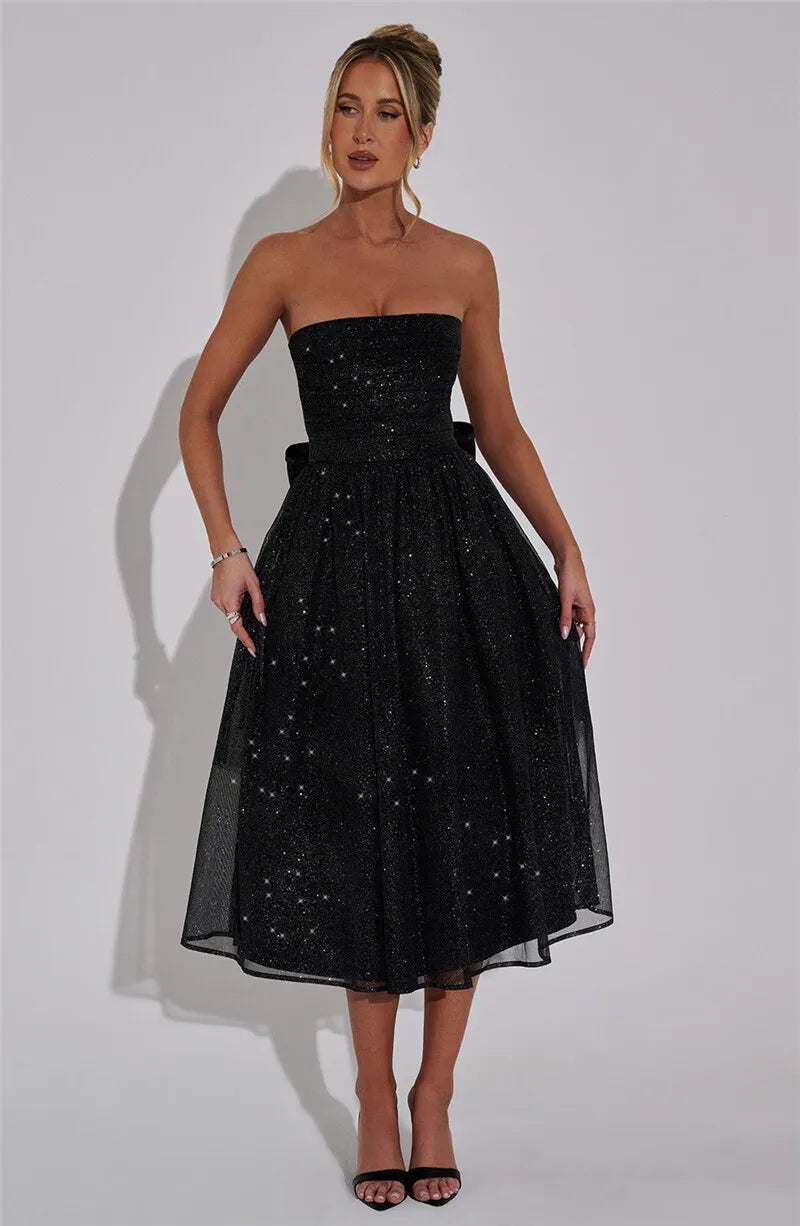 Off-shoulder Backless Bow Sexy Maxi Dress For Women Strapless Sleeveless A-line Loose Pleated Sexy Long Dress Clubwear