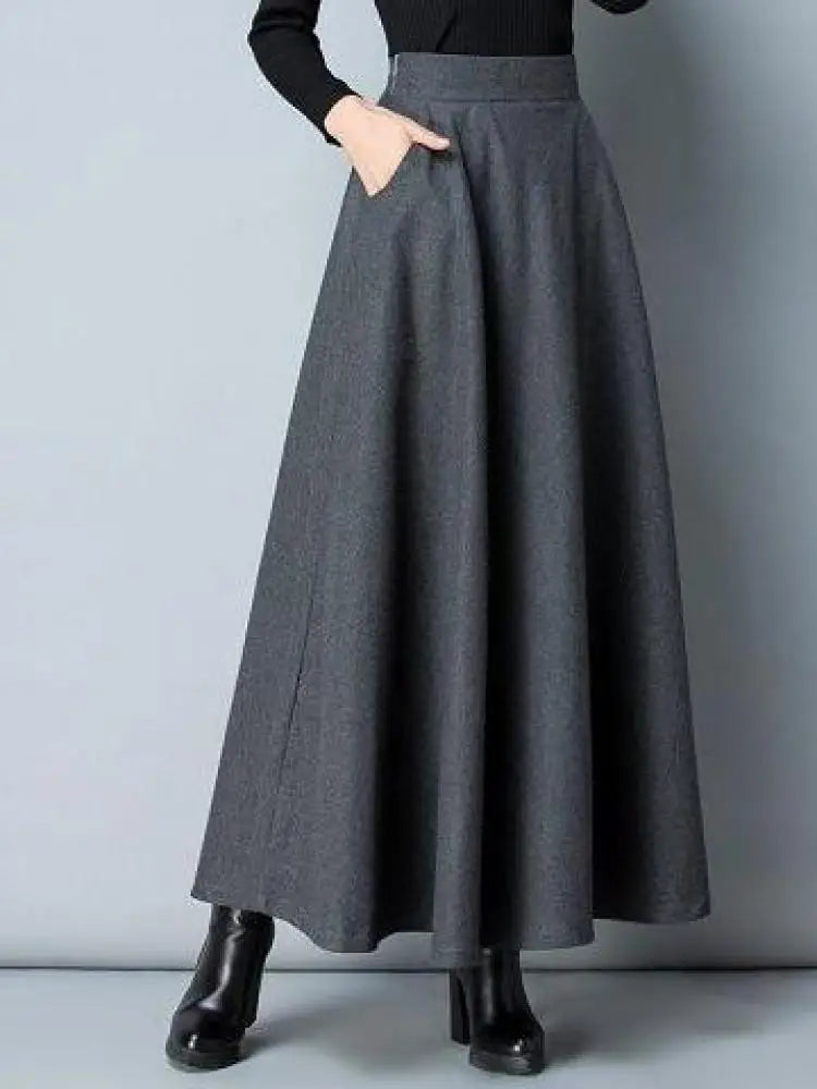 Autumn Winter Black Gray Large Size Woolen Long Skirt Women Fashion Korean Ladies Red High Waist Festival Pleated A-line Skirts