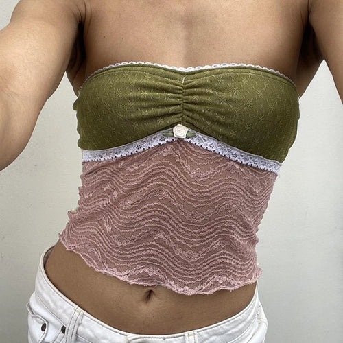 Fairy Grunge Lace Trim Strapless Tube Top Women Sheer Mesh Bandeau 2000s Going Out Tees y2k Clothing Sweet Streetwear