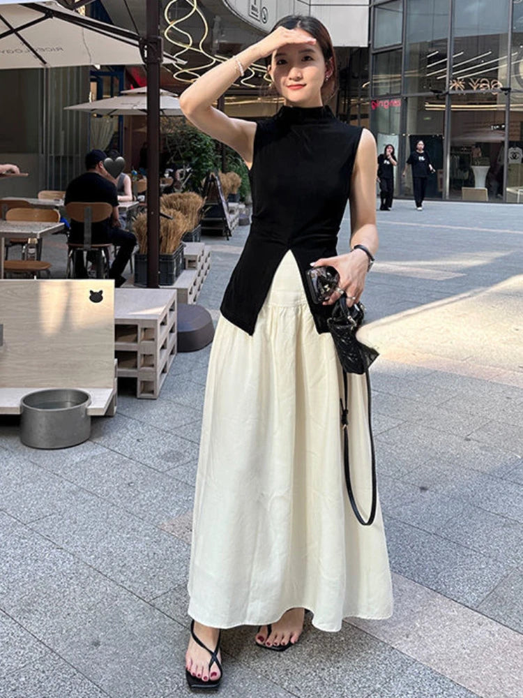 Harajuku Half Height Split Tee Shirts Women Y2k Aesthetic Solid Vintage Sleeveless T-Shirt Streetwear Casual Grunge Crop Tops