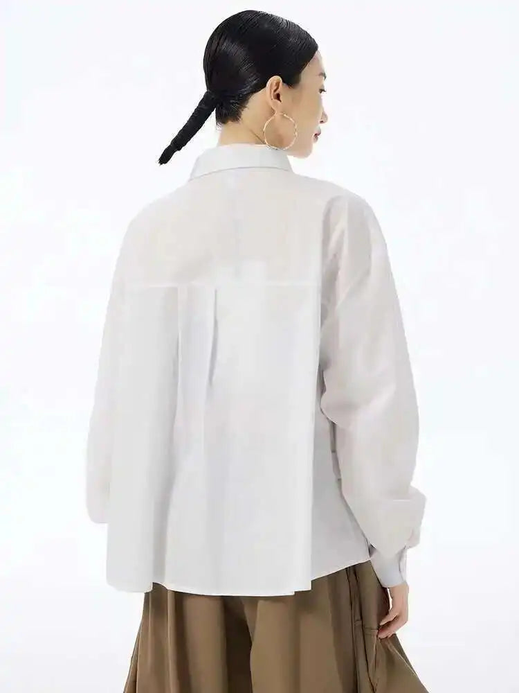 Women White False Pocket Big Size Casual Blouse New Lapel Long Sleeve Shirt Fashion Tide Spring Autumn 2025 1DH6683